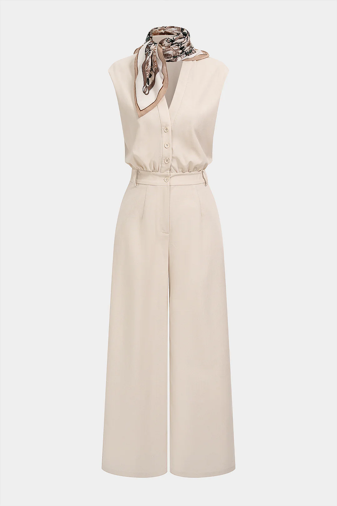 Linen V-Neck Button Pocket Sleeveless Jumpsuit With Scarf - Image 2