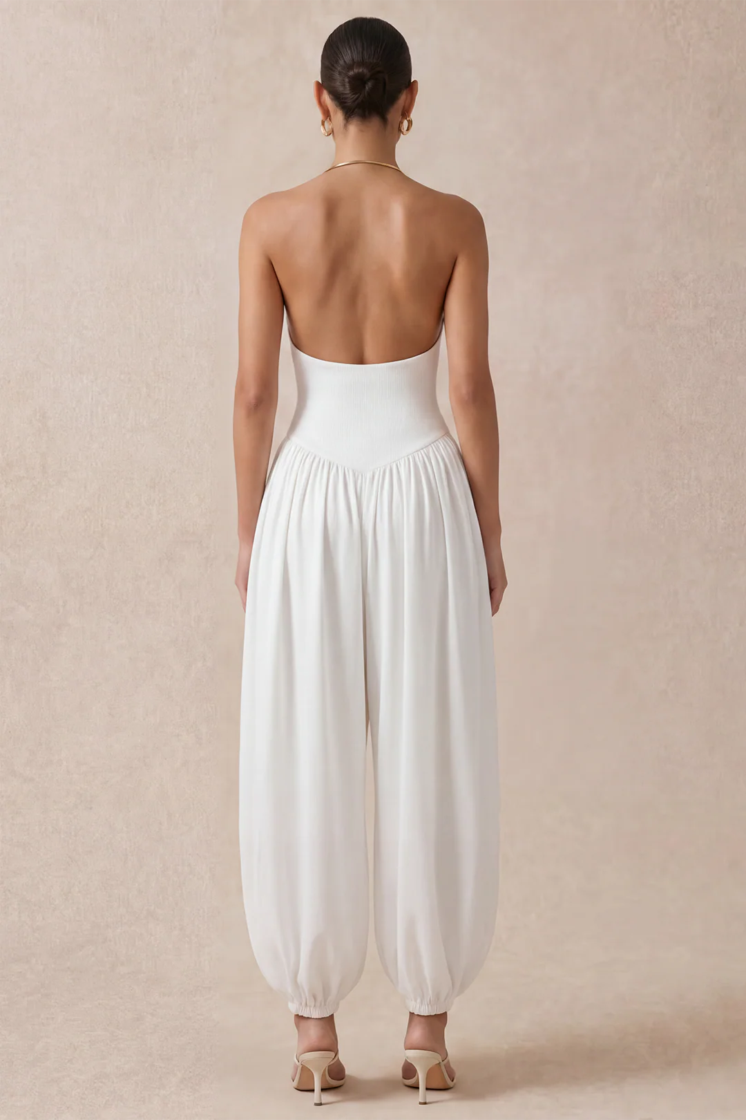 Metallic Draped Cowl Neck Ruched Backless Jumpsuit - Image 2
