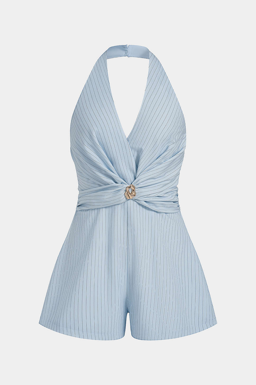 Stripes Print Metallic Halter V-Neck Crossed Backless Sleeveless Romper