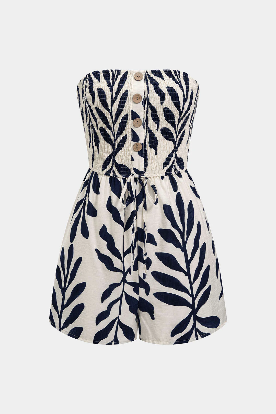 Leaves Print Button Shirred Strapless Sleeveless Romper