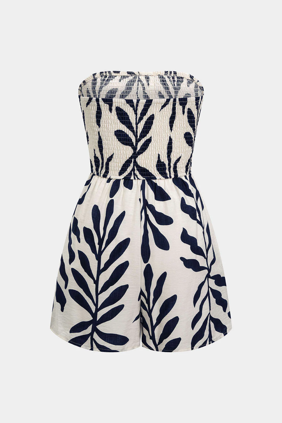 Leaves Print Button Shirred Strapless Sleeveless Romper - Image 2