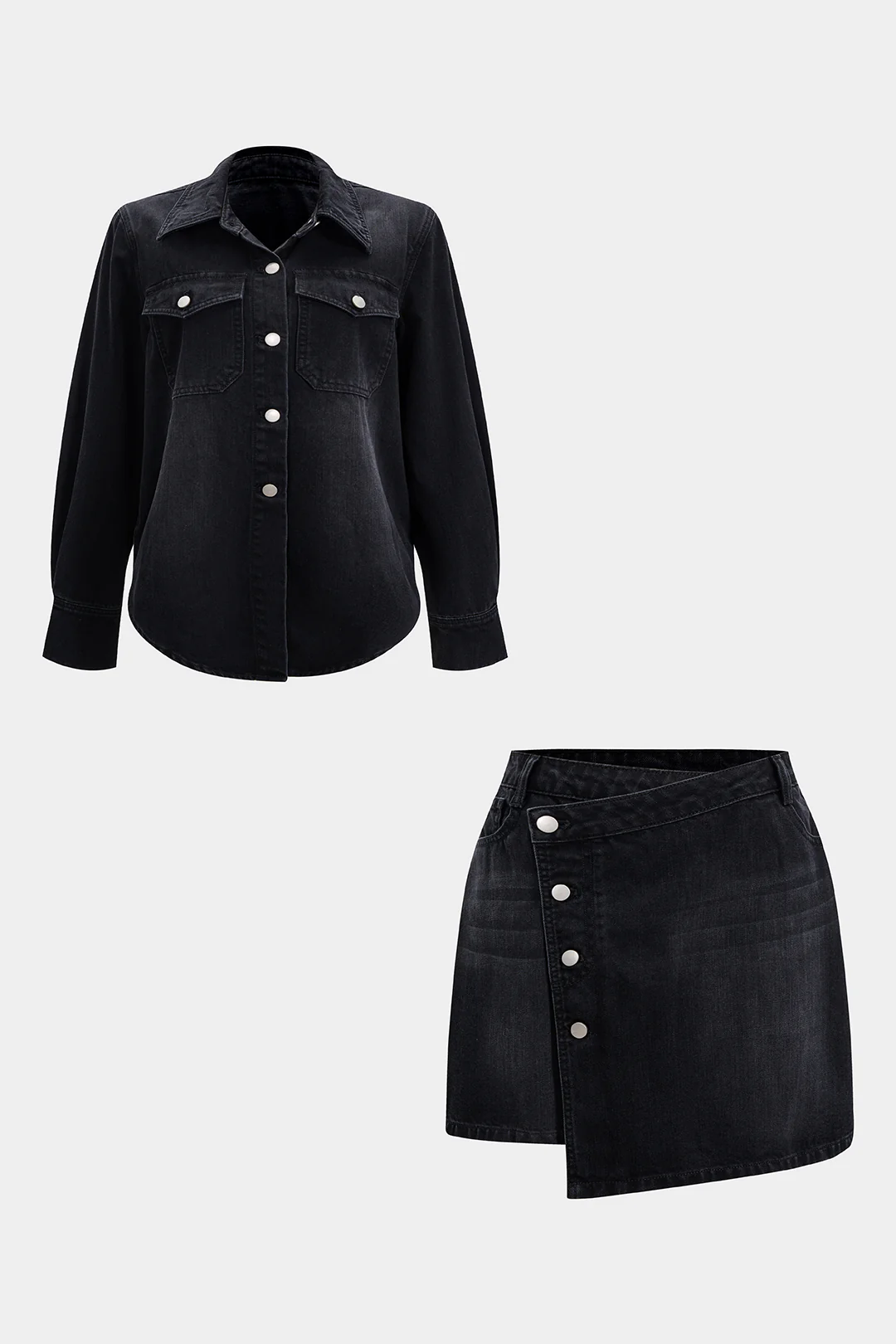 Plus Size Denim Metallic Button Long Sleeve Shirt And Skirt Set - Image 2